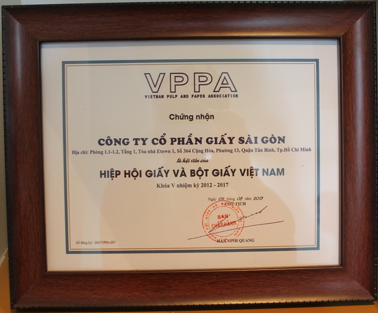 Chứng nhận Hội viên Hiệp hội Giấy và Bột Giấy Việt Nam VPPA